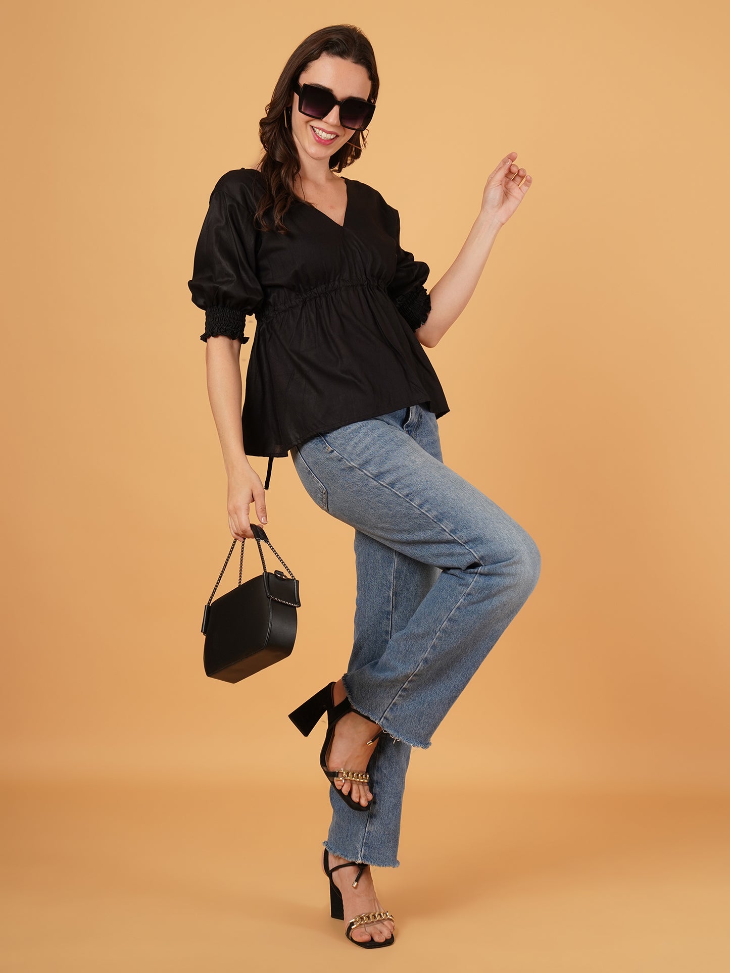 Rayon Tie-Back black crop Top