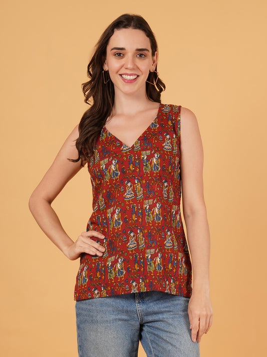 KALAMKARI SLEEVELESS SHORT KURTI
