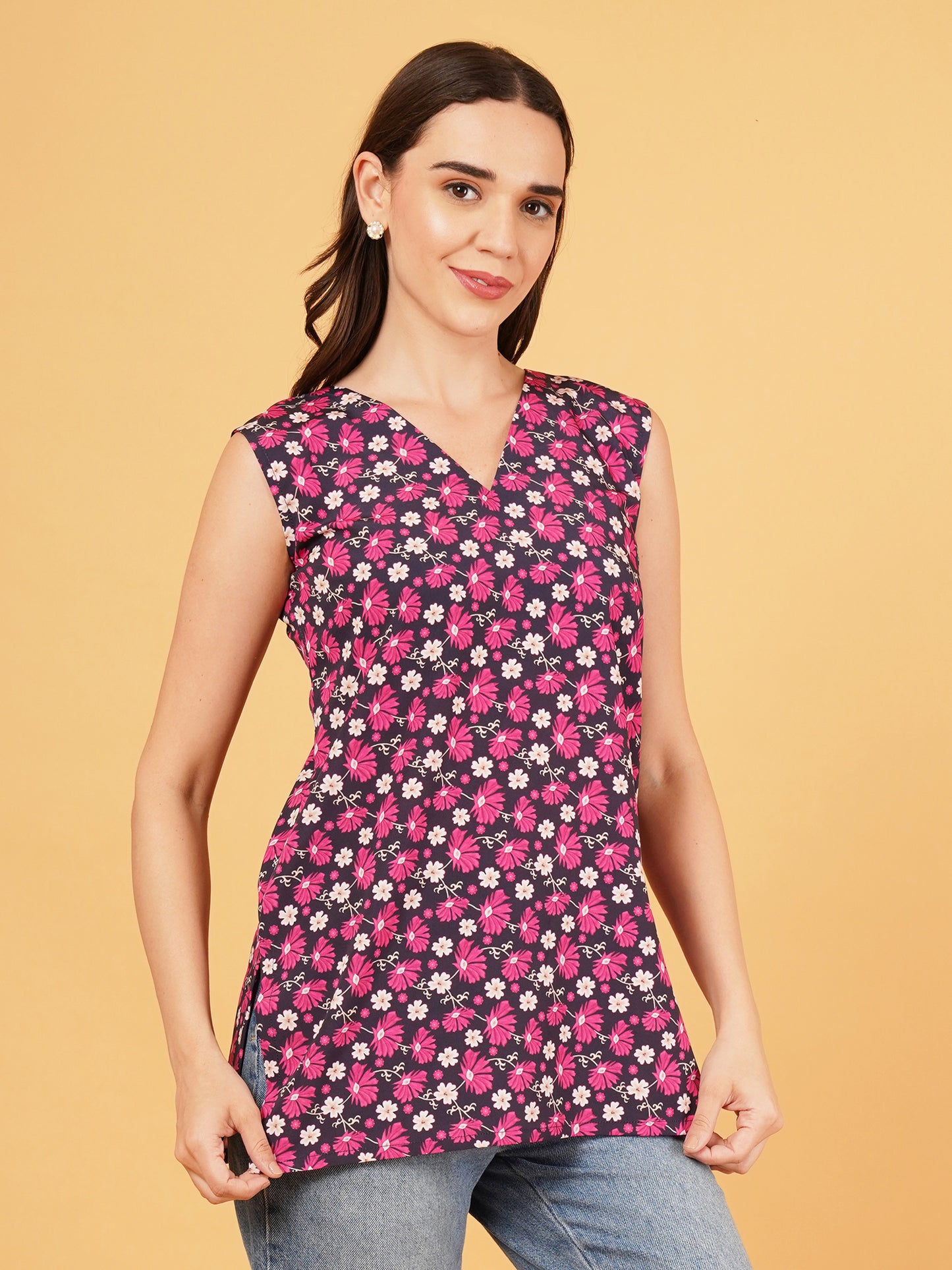 Purple floral short kurti