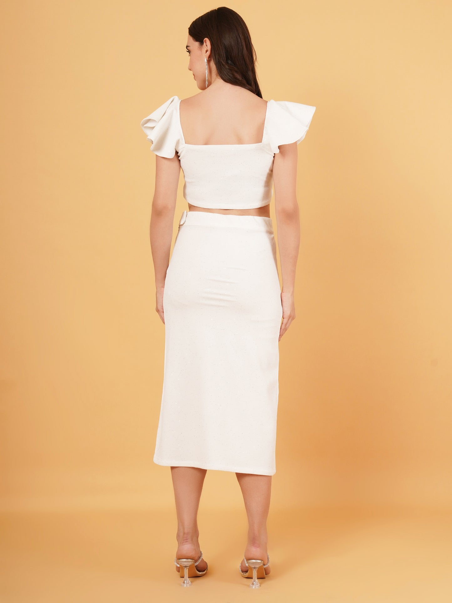 white Ruffle Crop Top & Slit Skirt