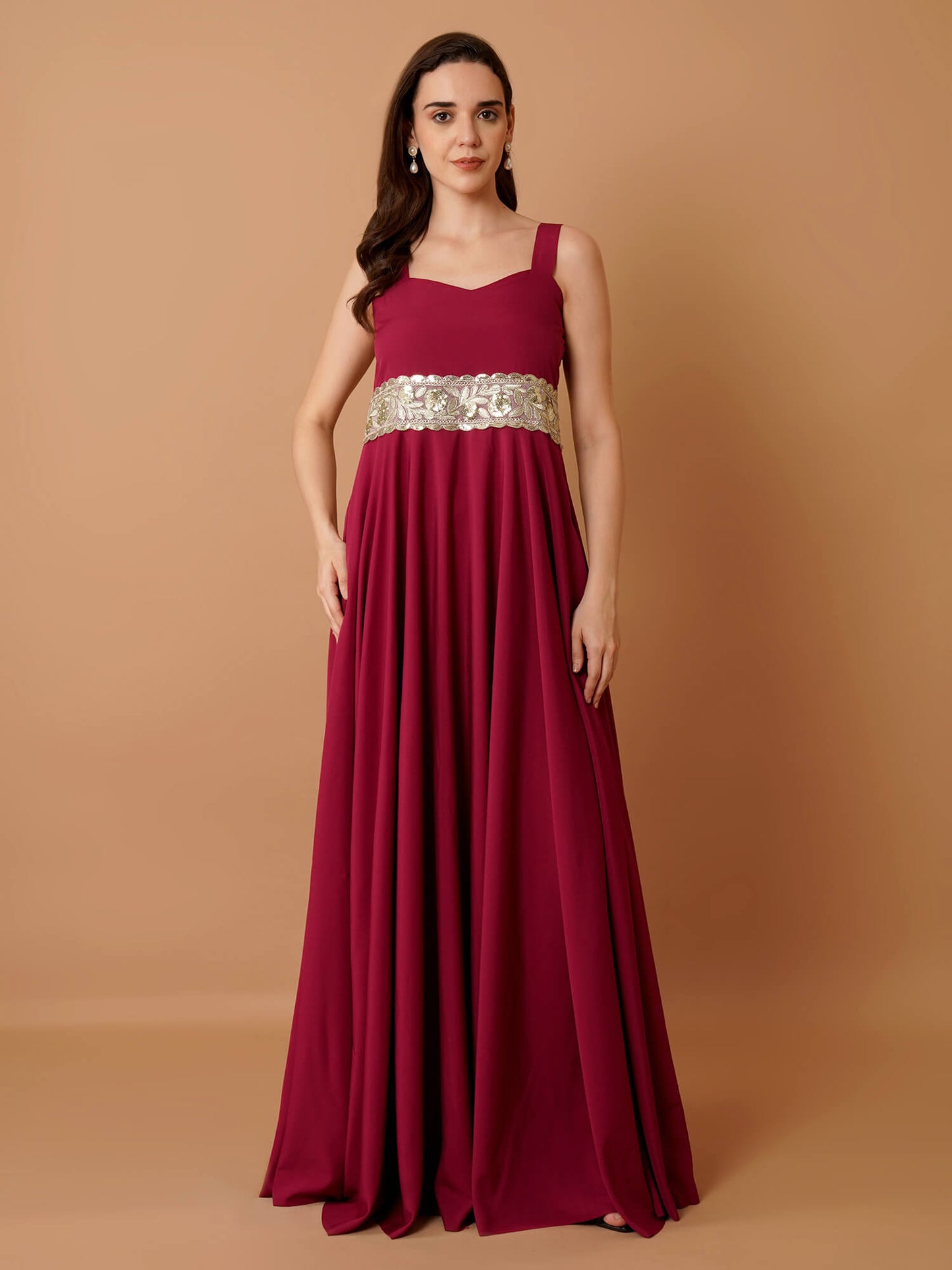 Magnetism Crepe Floor-Length Gown with Broad Lace Belt