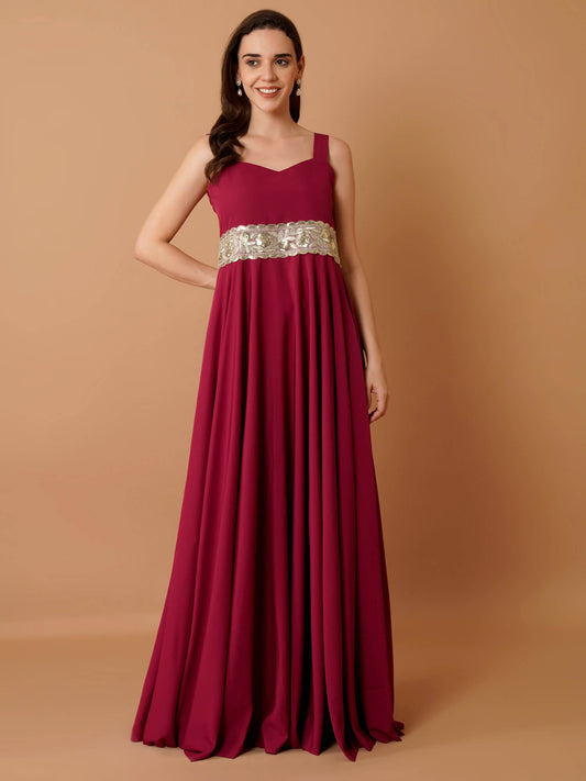 Magnetism Crepe Floor-Length Gown with Broad Lace Belt