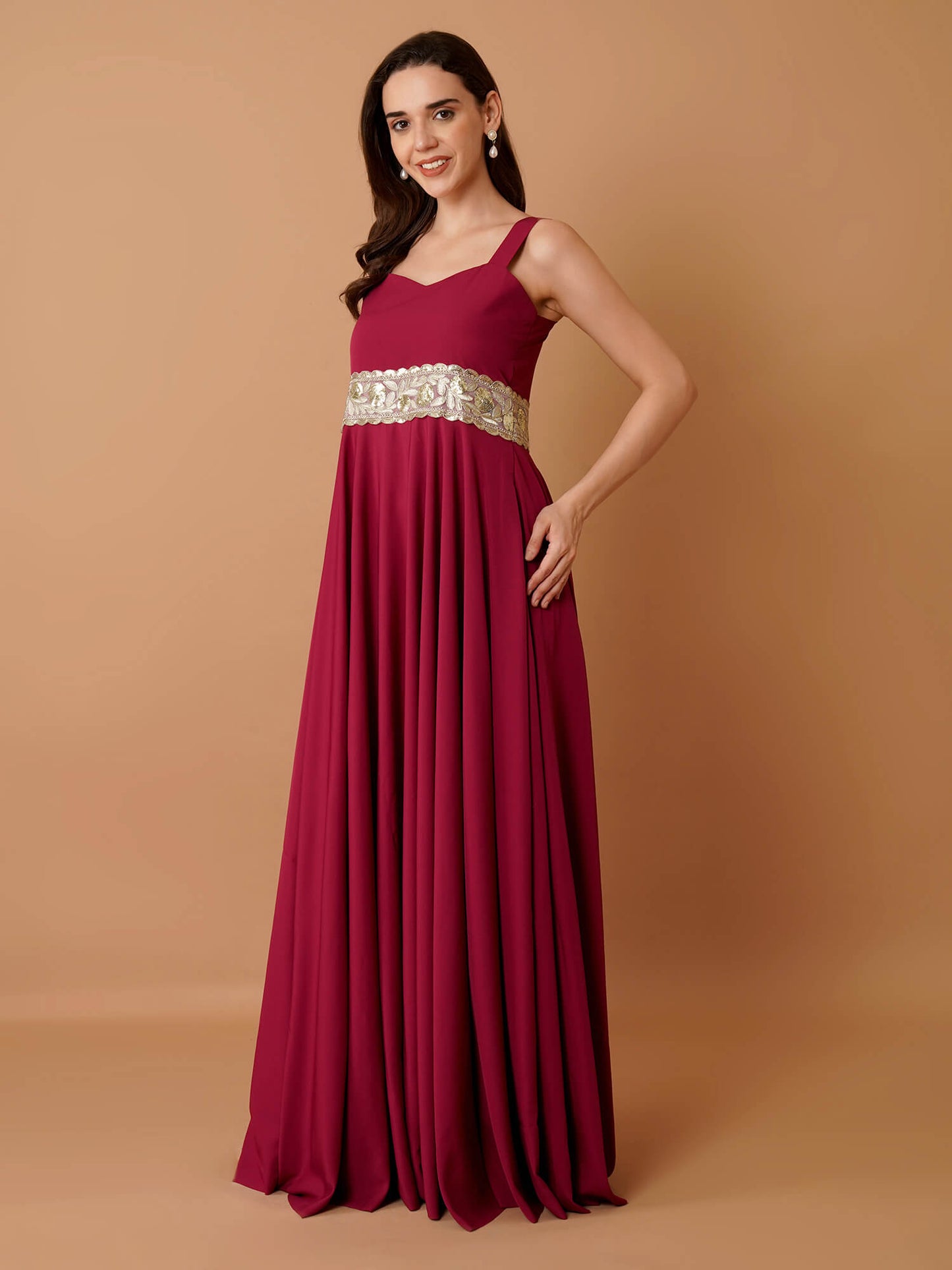 Magnetism Crepe Floor-Length Gown with Broad Lace Belt