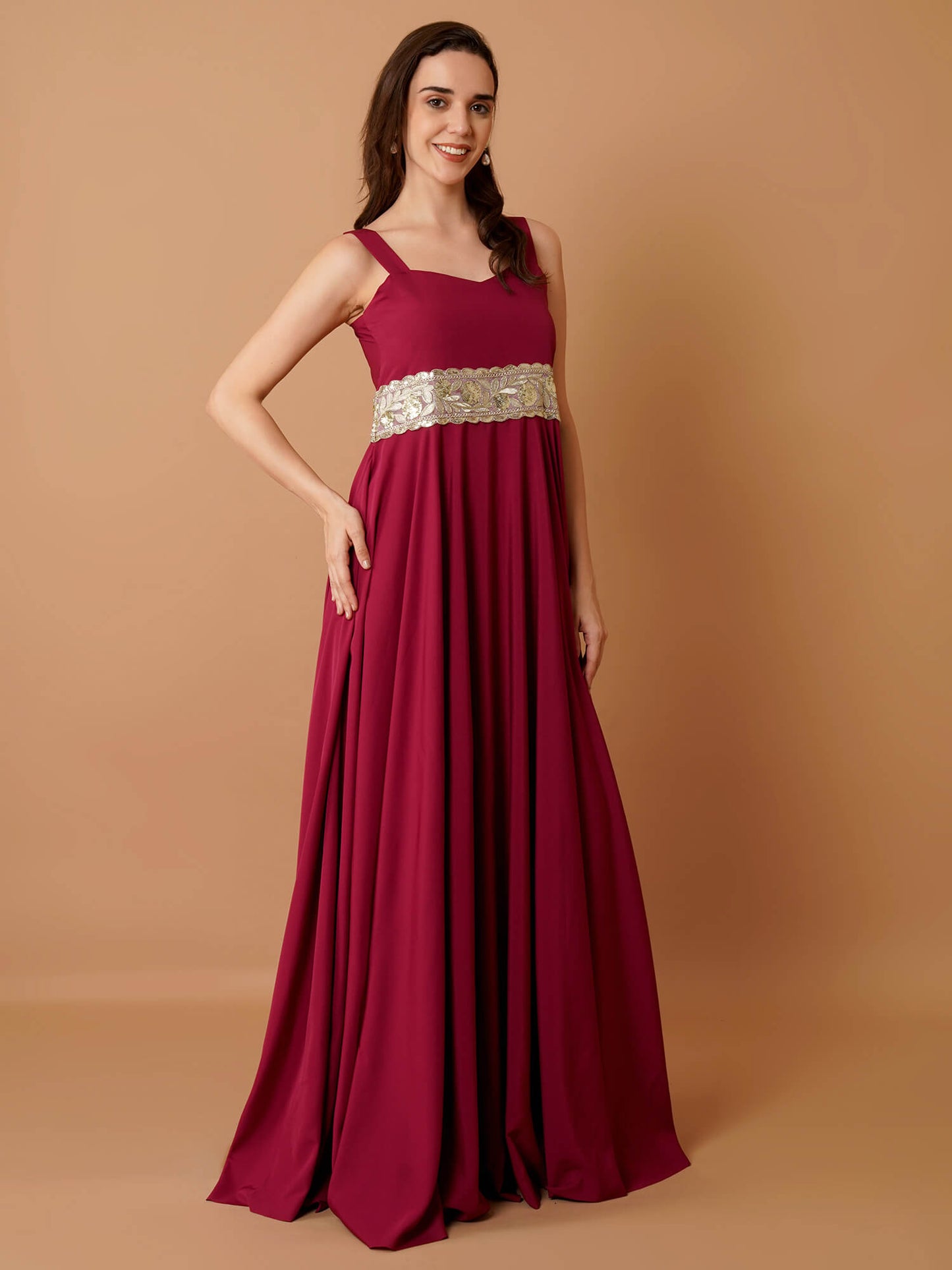 Magnetism Crepe Floor-Length Gown with Broad Lace Belt