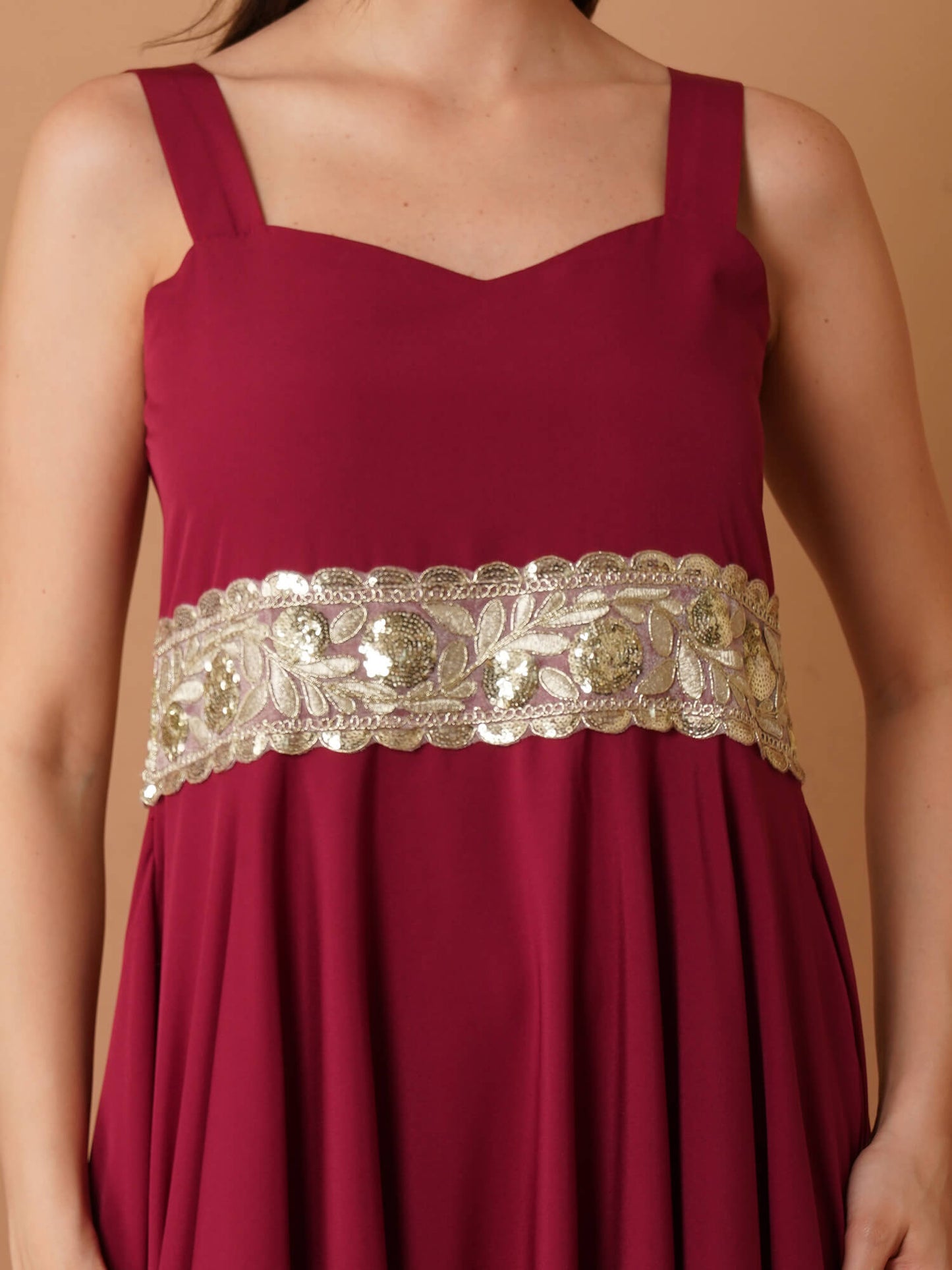 Magnetism Crepe Floor-Length Gown with Broad Lace Belt