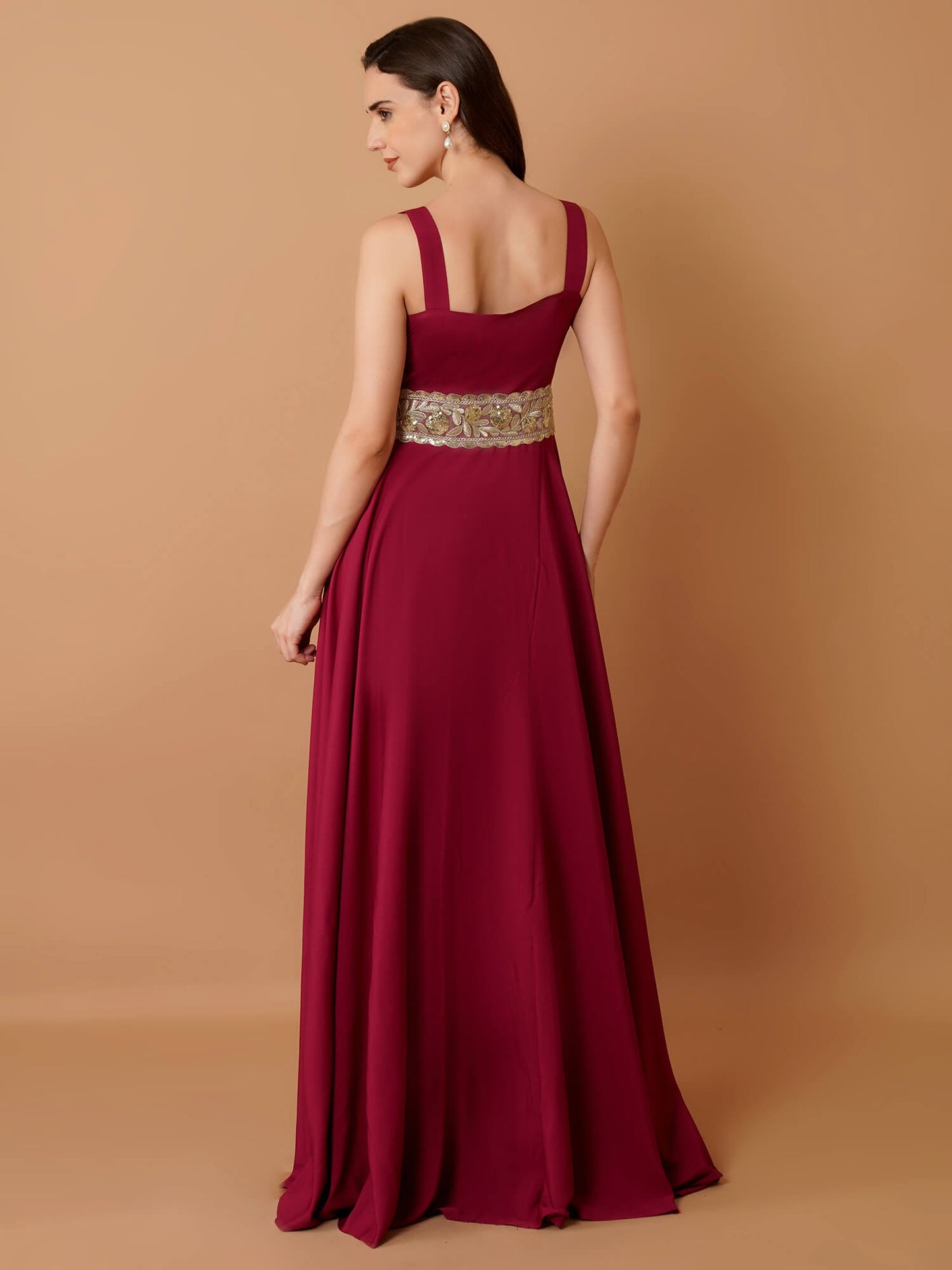 Magnetism Crepe Floor-Length Gown with Broad Lace Belt