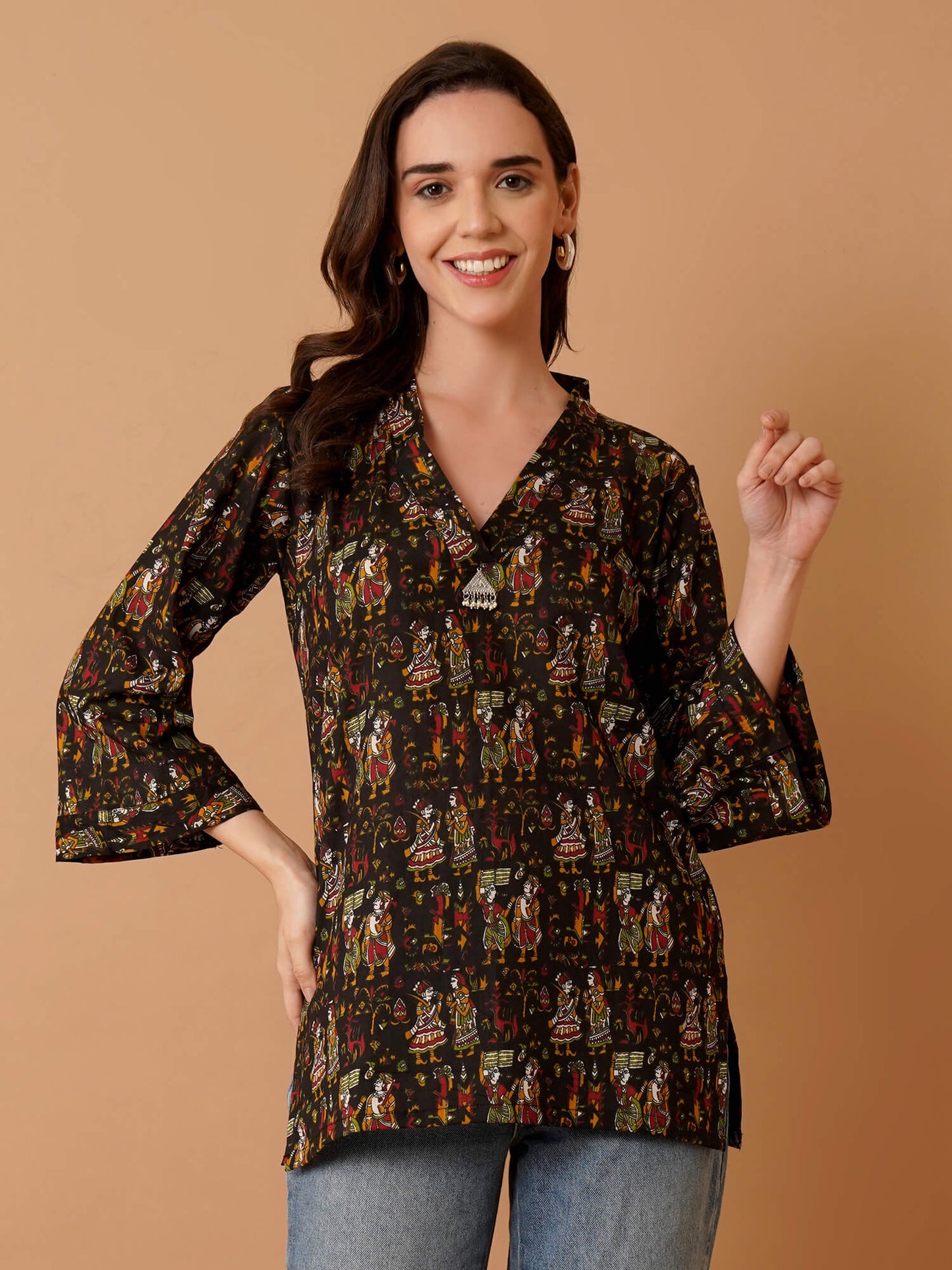 Kalamkari Print Short Kurti-Black