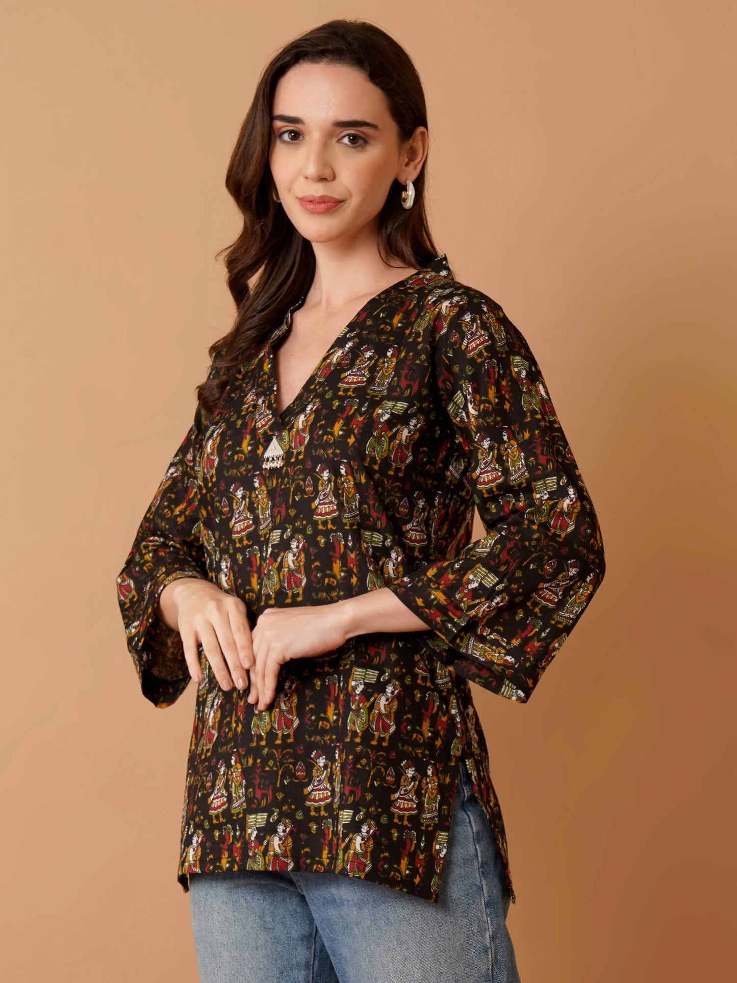 Kalamkari Print Short Kurti-Black