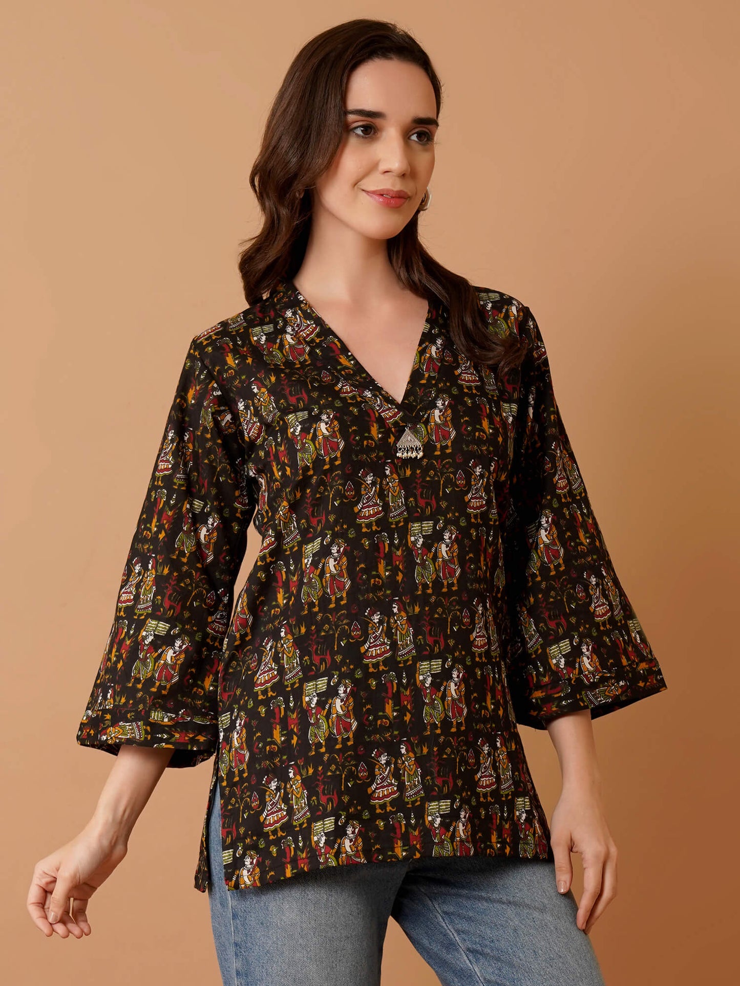 Kalamkari Print Short Kurti-Black