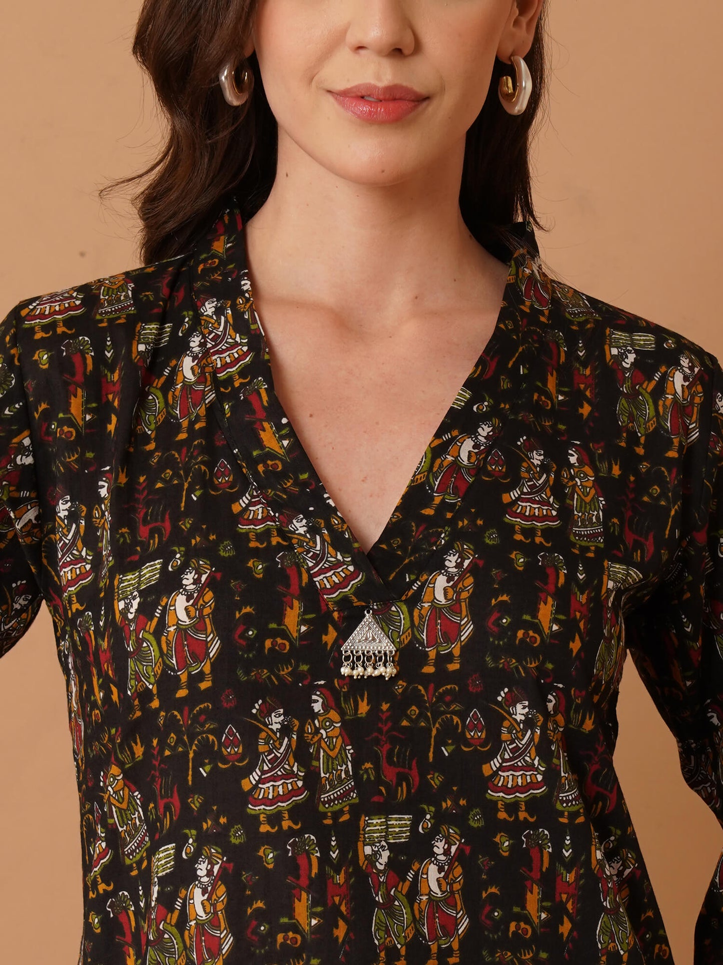 Kalamkari Print Short Kurti-Black