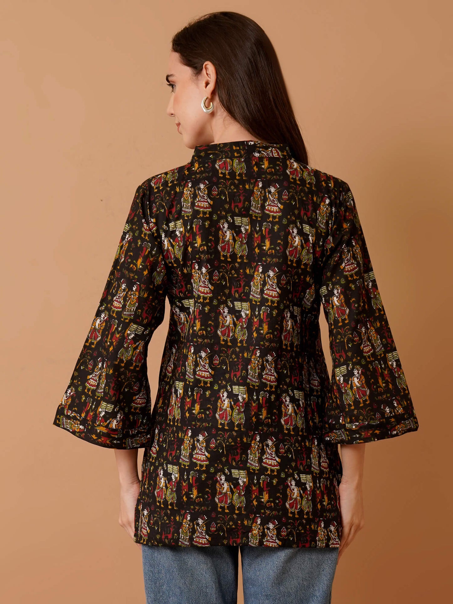 Kalamkari Print Short Kurti-Black