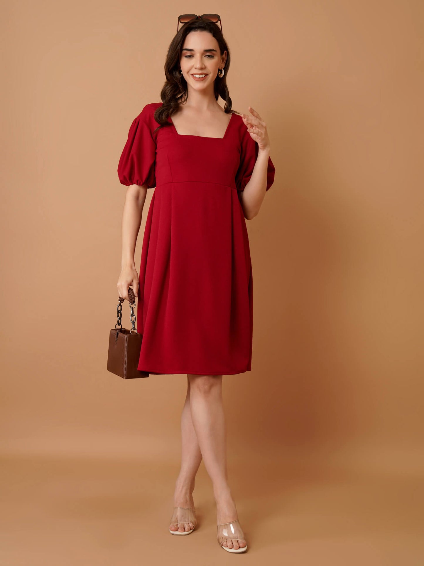 Red Mini Dress with Puff Sleeves