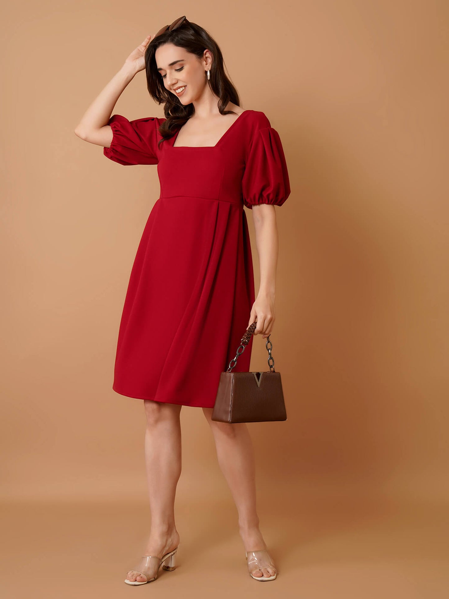 Red Mini Dress with Puff Sleeves
