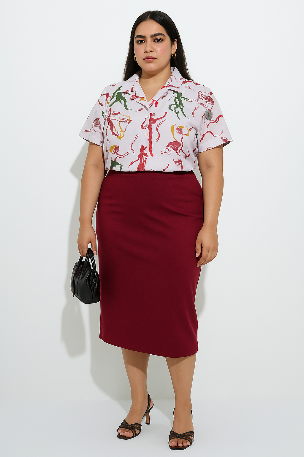 Red Pencil Skirt with white printed crop shirt