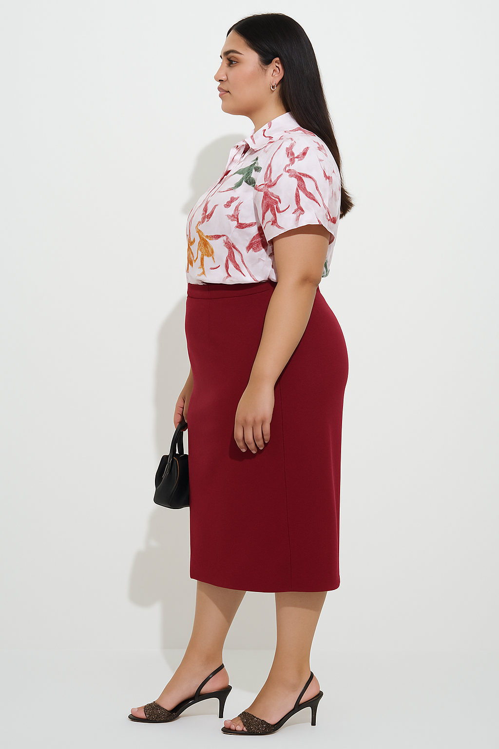 Red Pencil Skirt with white printed crop shirt