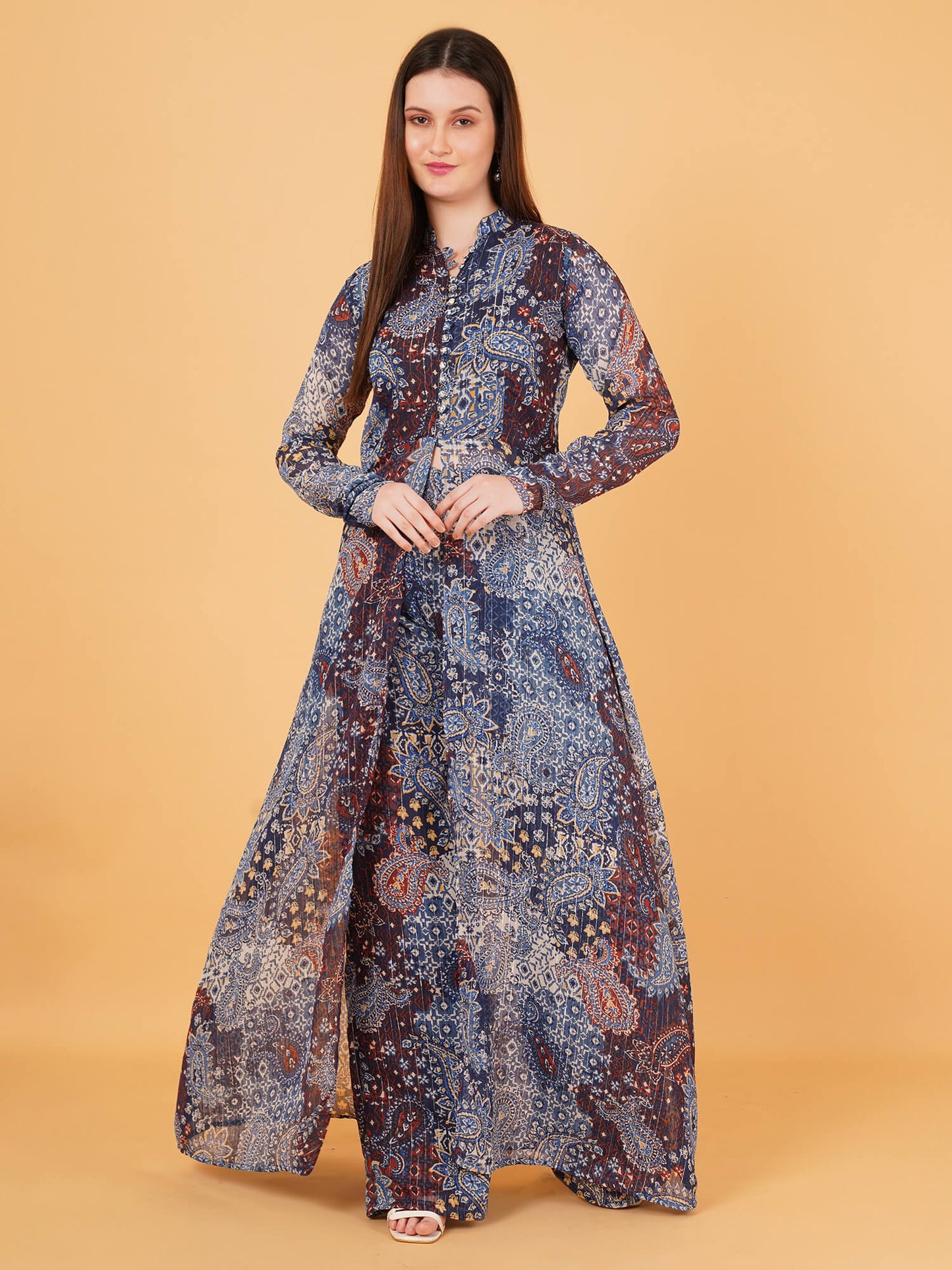 Front-Open blue chiffon Maxi Dress