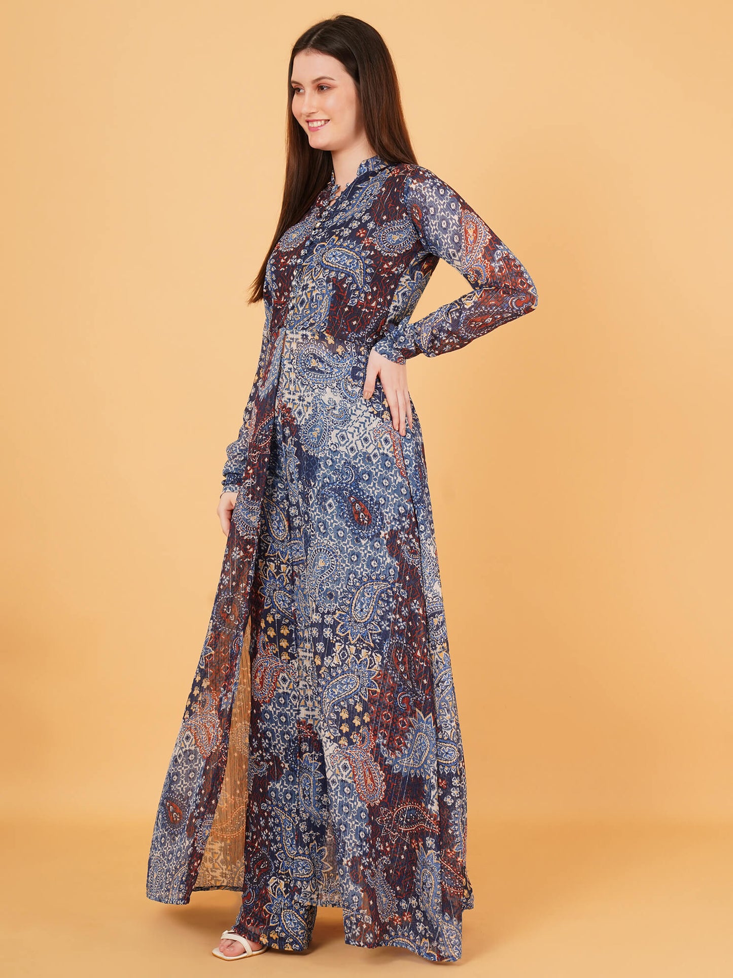 Front-Open blue chiffon Maxi Dress