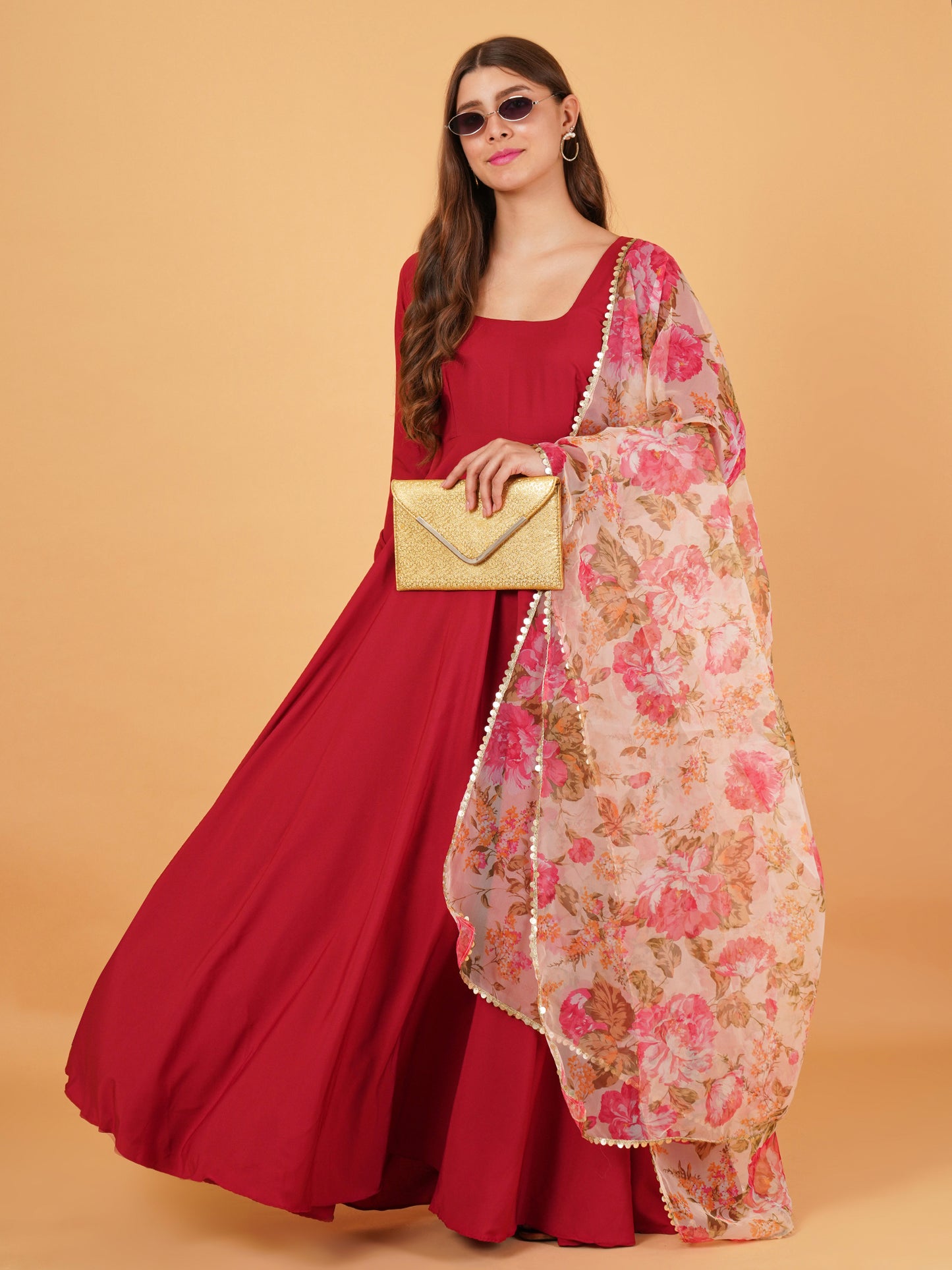 Full Flared Maroon Gown with Organza dupatta