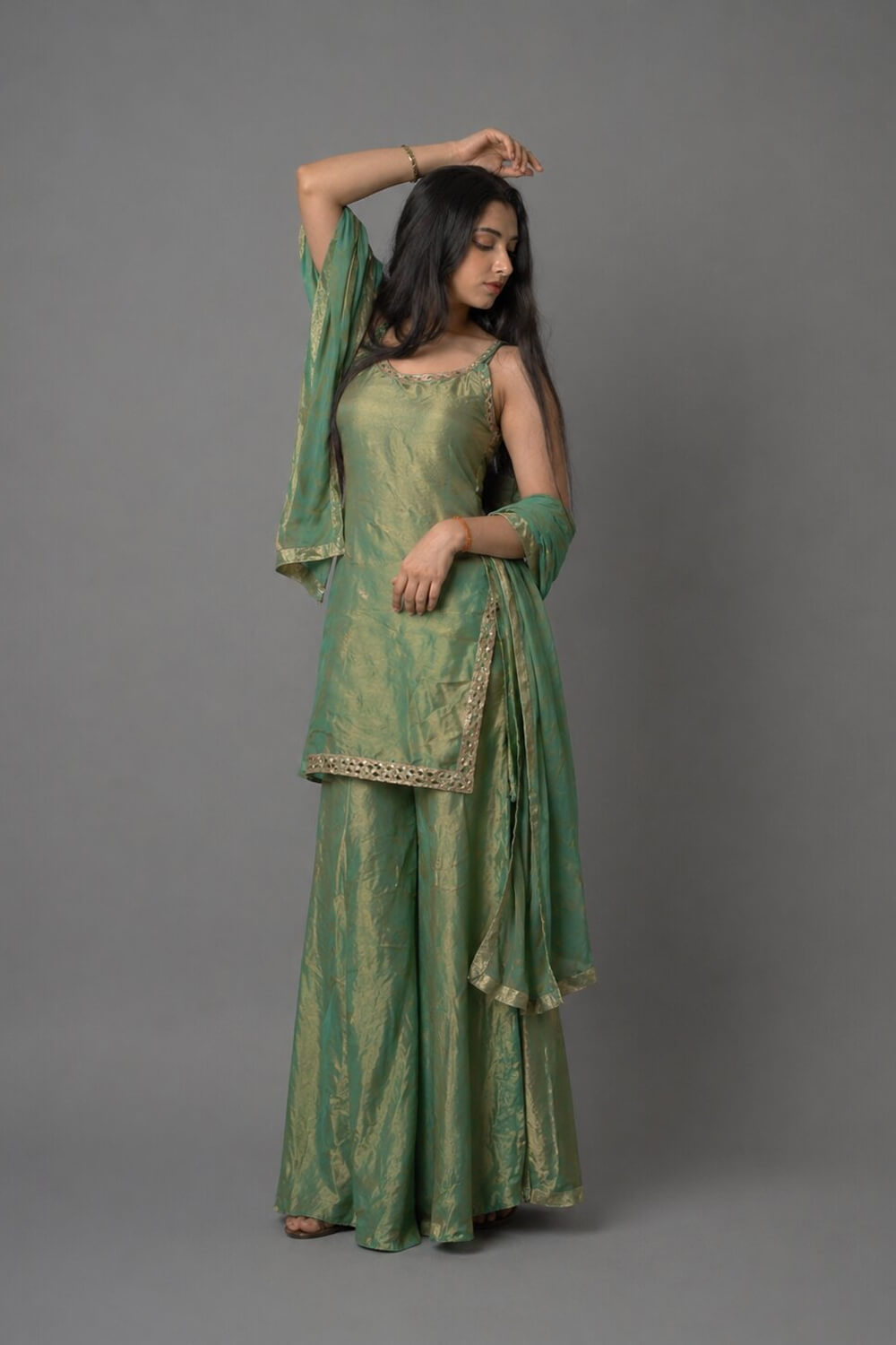 Green 3-Piece Ethnic Set in Fandy Fabric