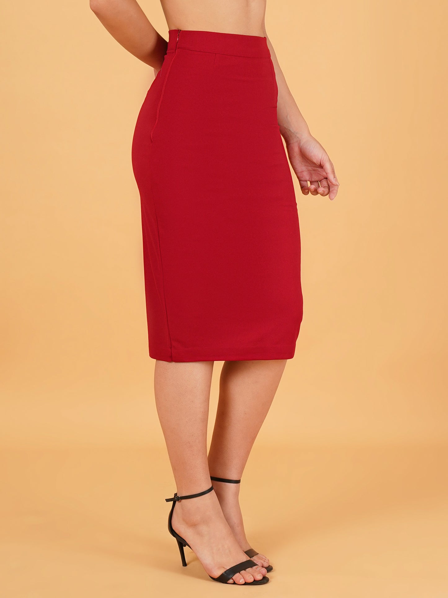 Red Pencil Skirt with white printed crop shirt