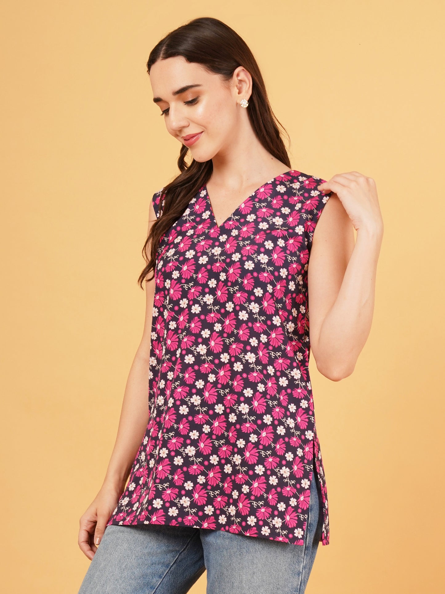 Purple floral short kurti