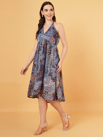 Blue Chiffon Halter neck Dress