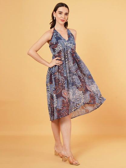 Blue Chiffon Halter neck Dress