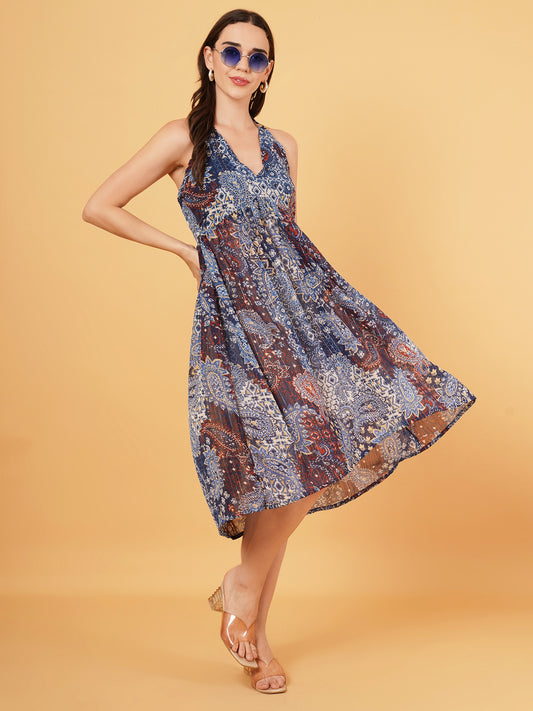 Blue Chiffon Halter neck Dress