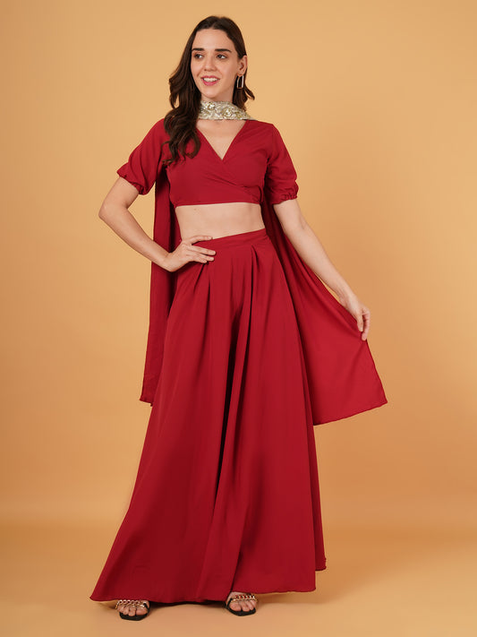 wrap around crop top flared palazzo with duppta Set