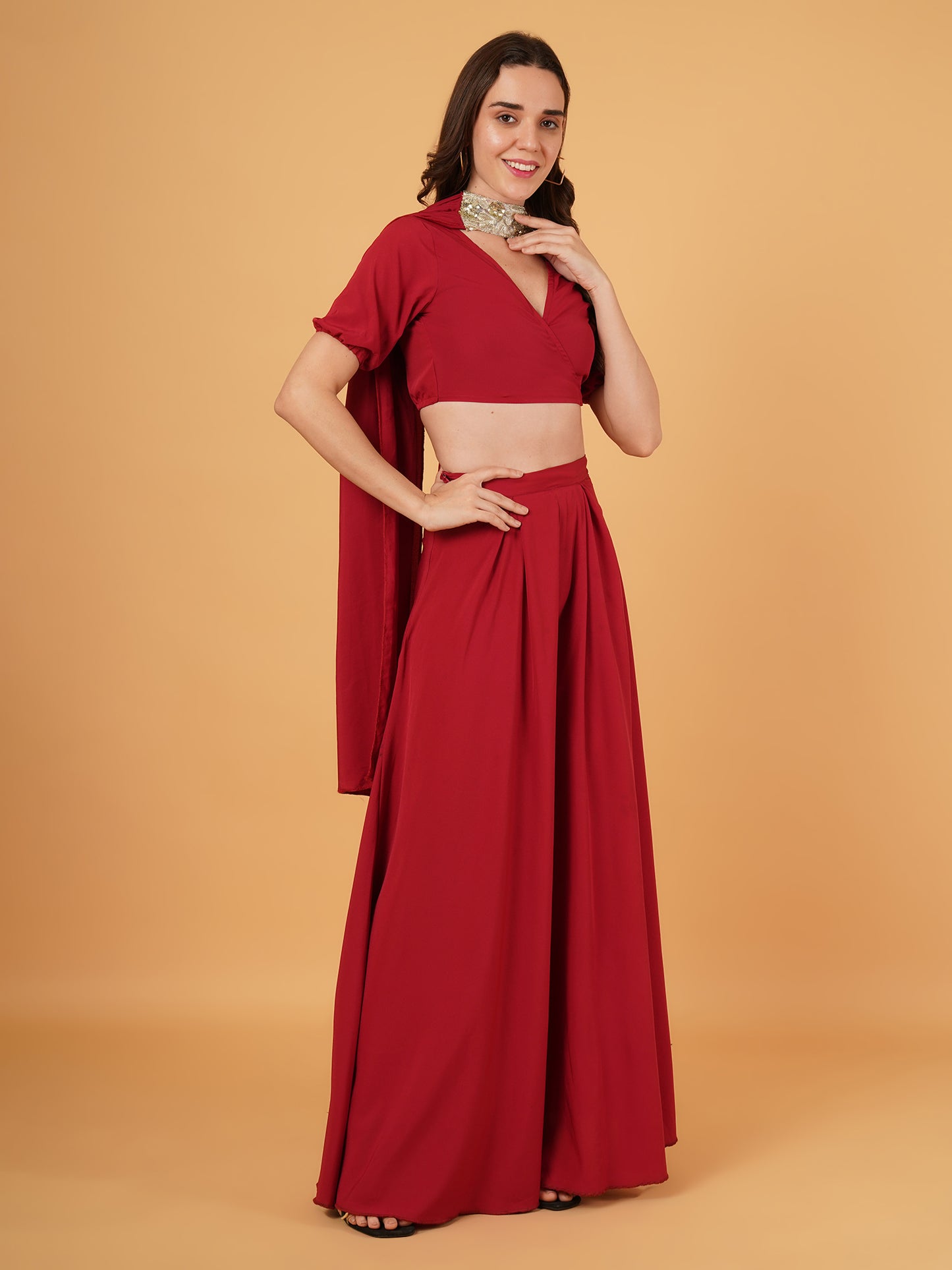 wrap around crop top flared palazzo with duppta Set