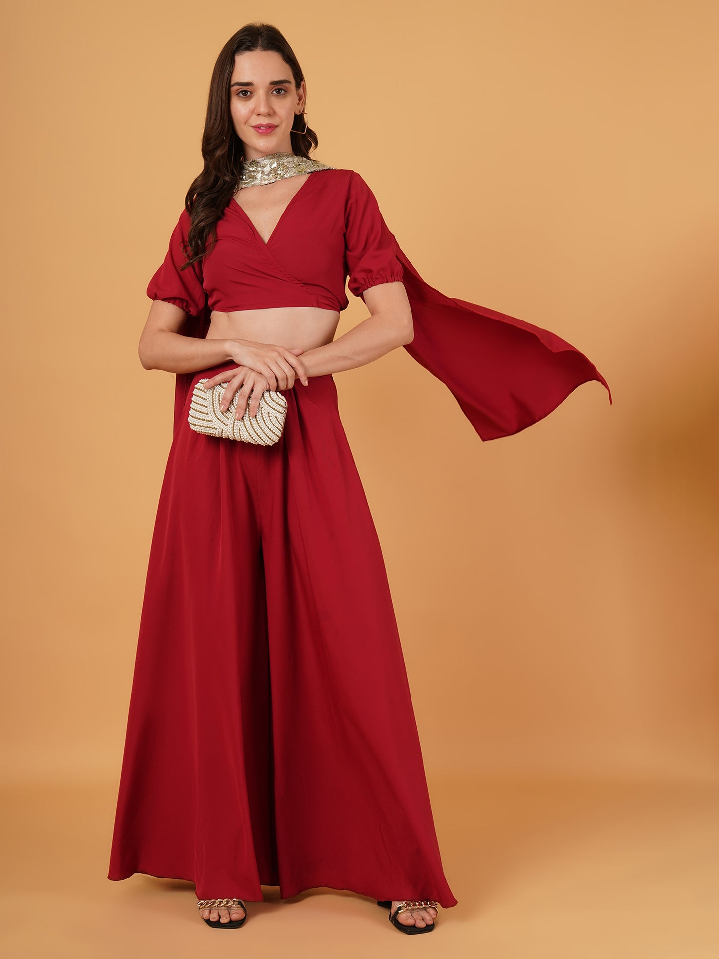 wrap around crop top flared palazzo with duppta Set