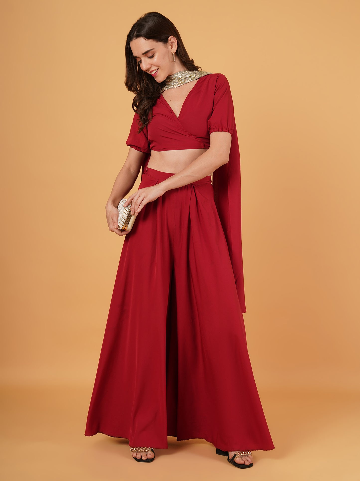 wrap around crop top flared palazzo with duppta Set