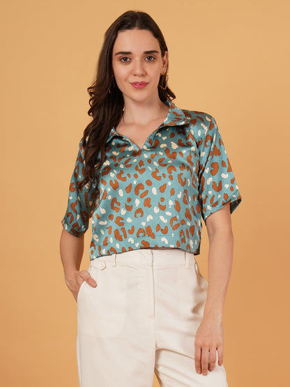 Turquoise Wild Pop Crop Shirt