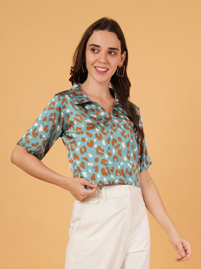 Turquoise Wild Pop Crop Shirt