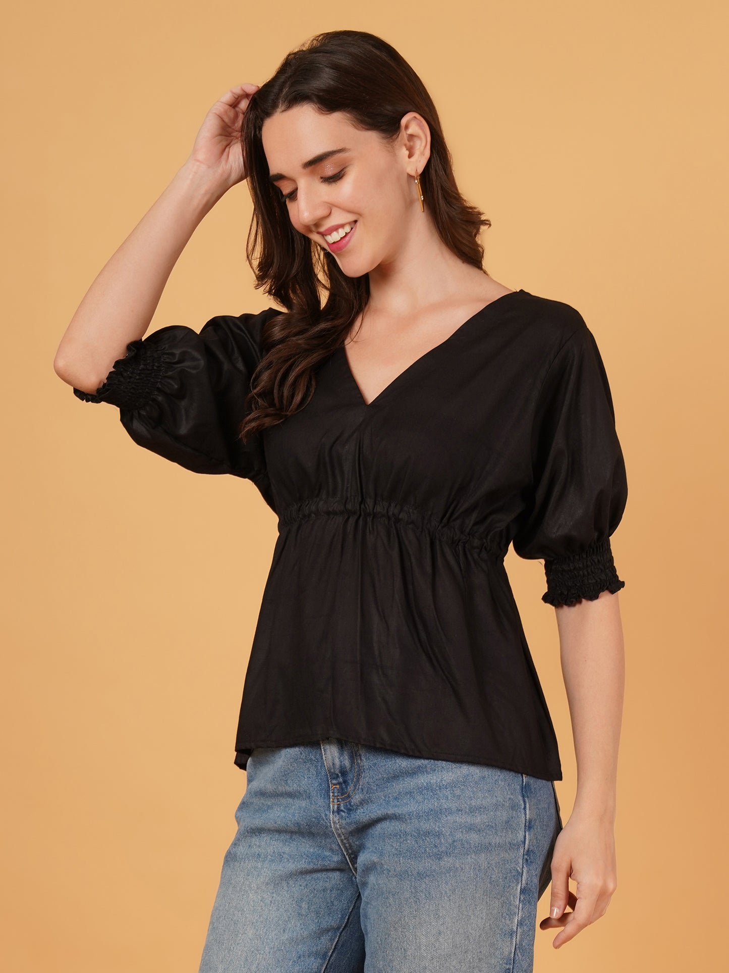 Rayon Tie-Back  black crop Top