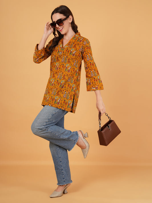 Jaipuri cotton printed kurti mustard