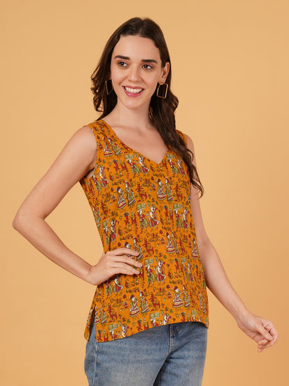 KALAMKARI SLEEVELESS SHORT KURTI