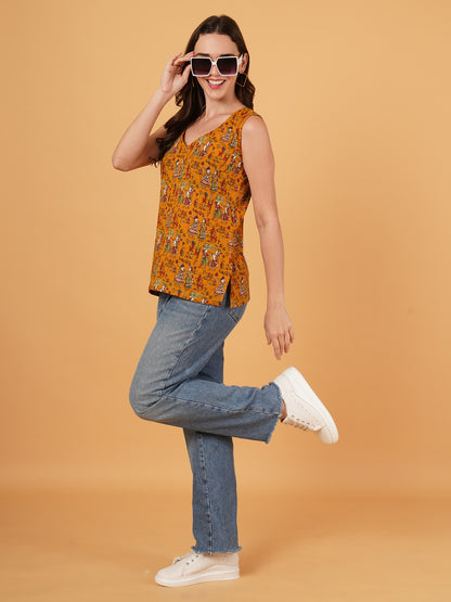 KALAMKARI SLEEVELESS SHORT KURTI