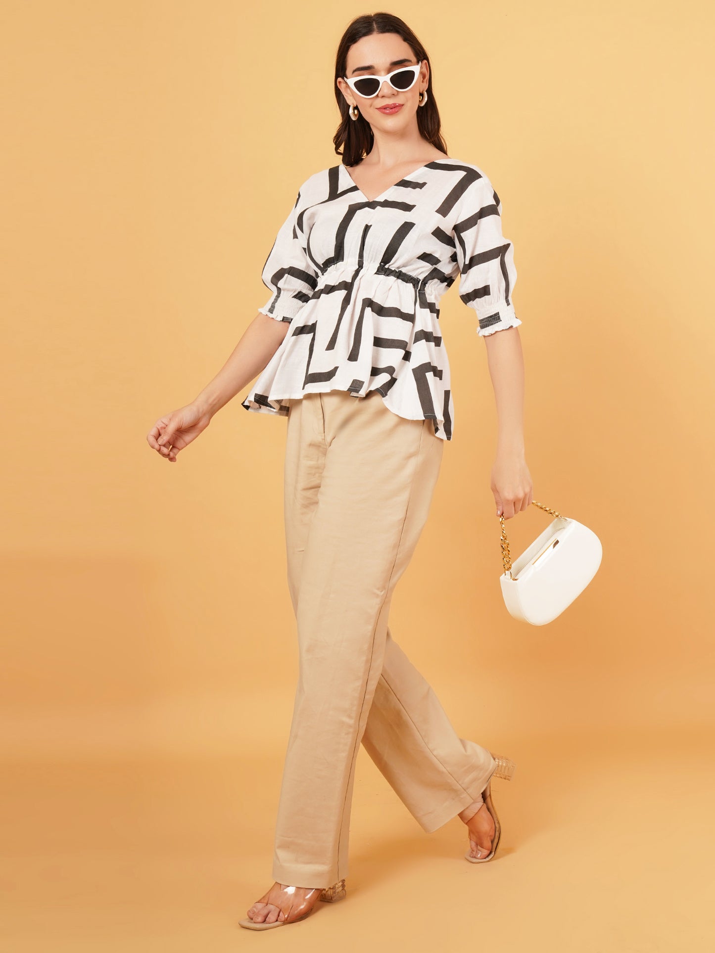 Off white linen top with black abstract print