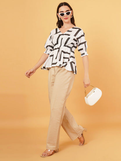 Off white linen top with black abstract print