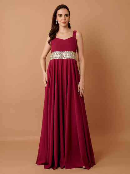 Magnetism Crepe Floor-Length Gown with Broad Lace Belt