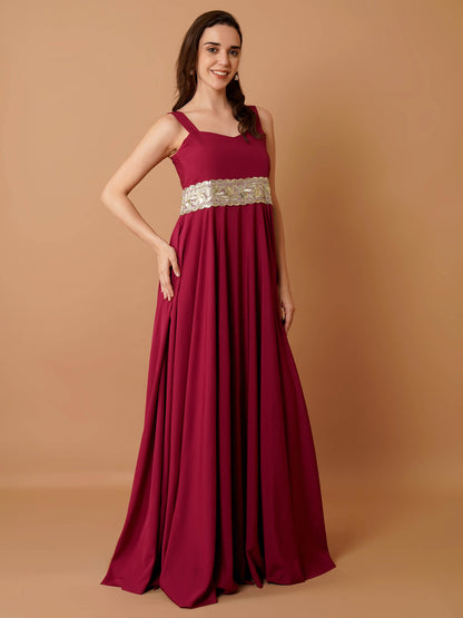 Magnetism Crepe Floor-Length Gown with Broad Lace Belt