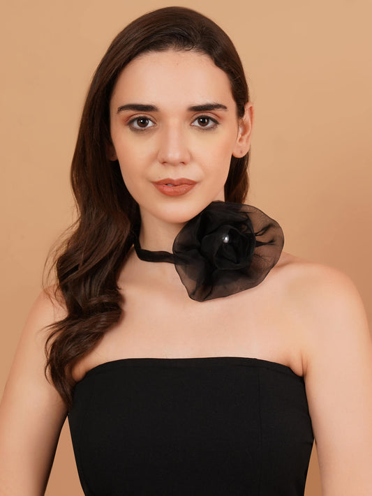 Magnetism Black Sheer Flower Choker with Pearl