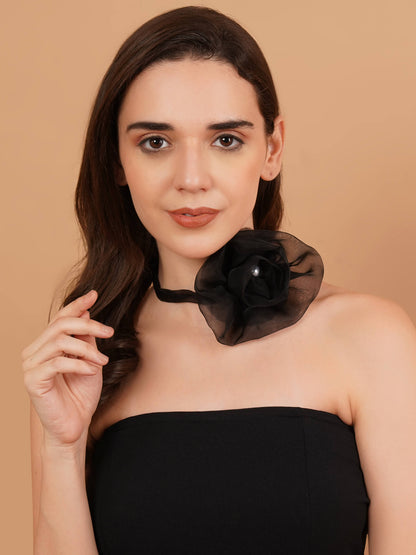 Magnetism Black Sheer Flower Choker with Pearl