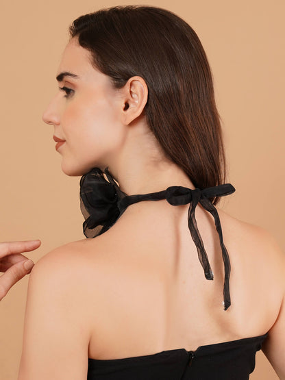 Magnetism Black Sheer Flower Choker with Pearl