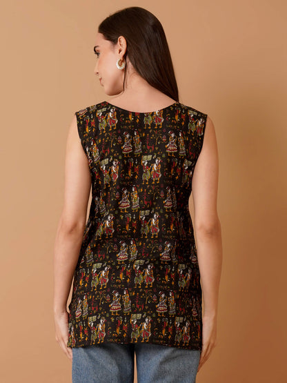 Kalamkari Sleeveless Short Kurti-Black