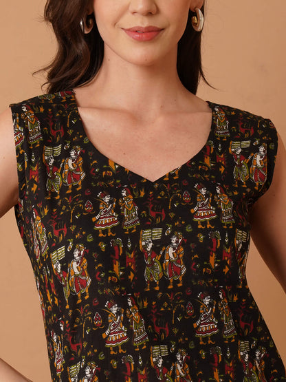 Kalamkari Sleeveless Short Kurti-Black