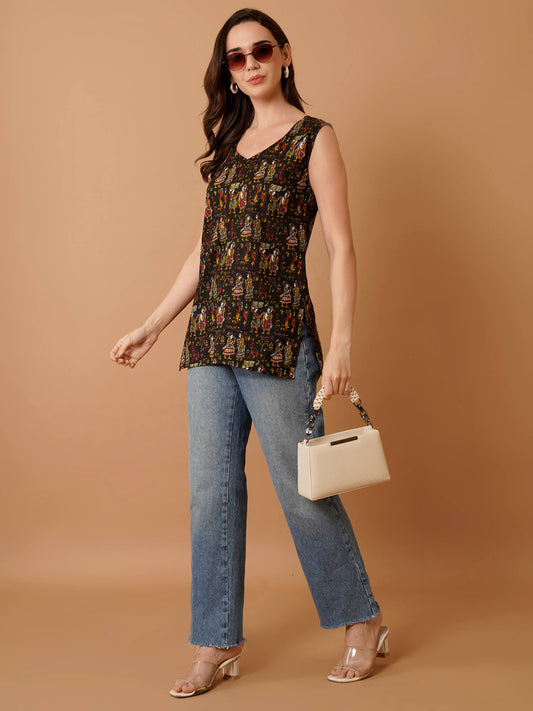 Kalamkari Sleeveless Short Kurti-Black