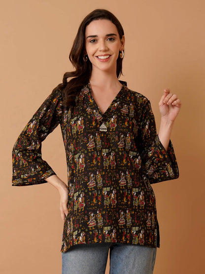 Kalamkari Print Short Kurti-Black
