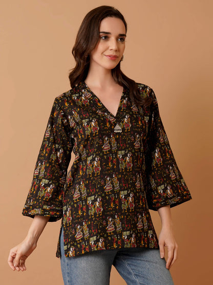 Kalamkari Print Short Kurti-Black